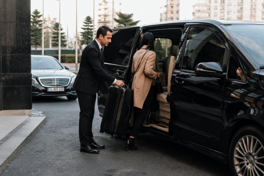 Professional chauffeur assisting a passenger with luggage beside a luxury Mercedes V-Class in Istanbul